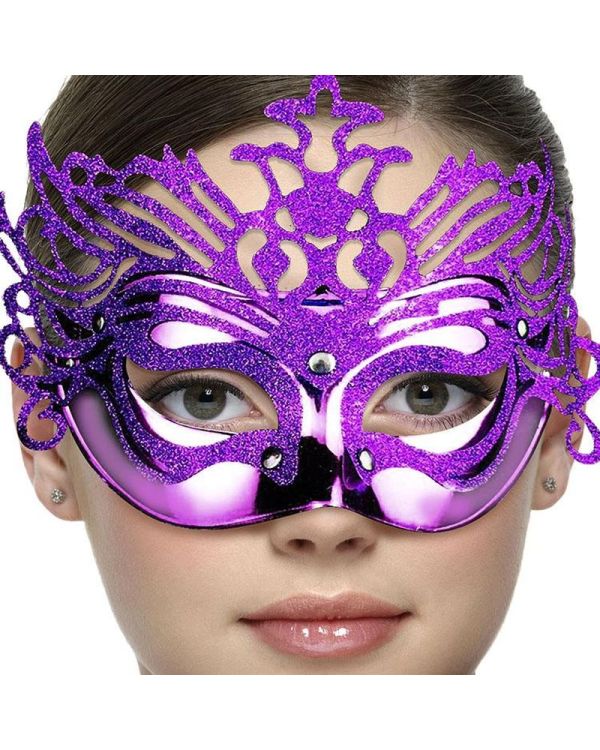 Metalik Mor Renk Masquerade Kelebek Simli Parti Maskesi 23x14 cm