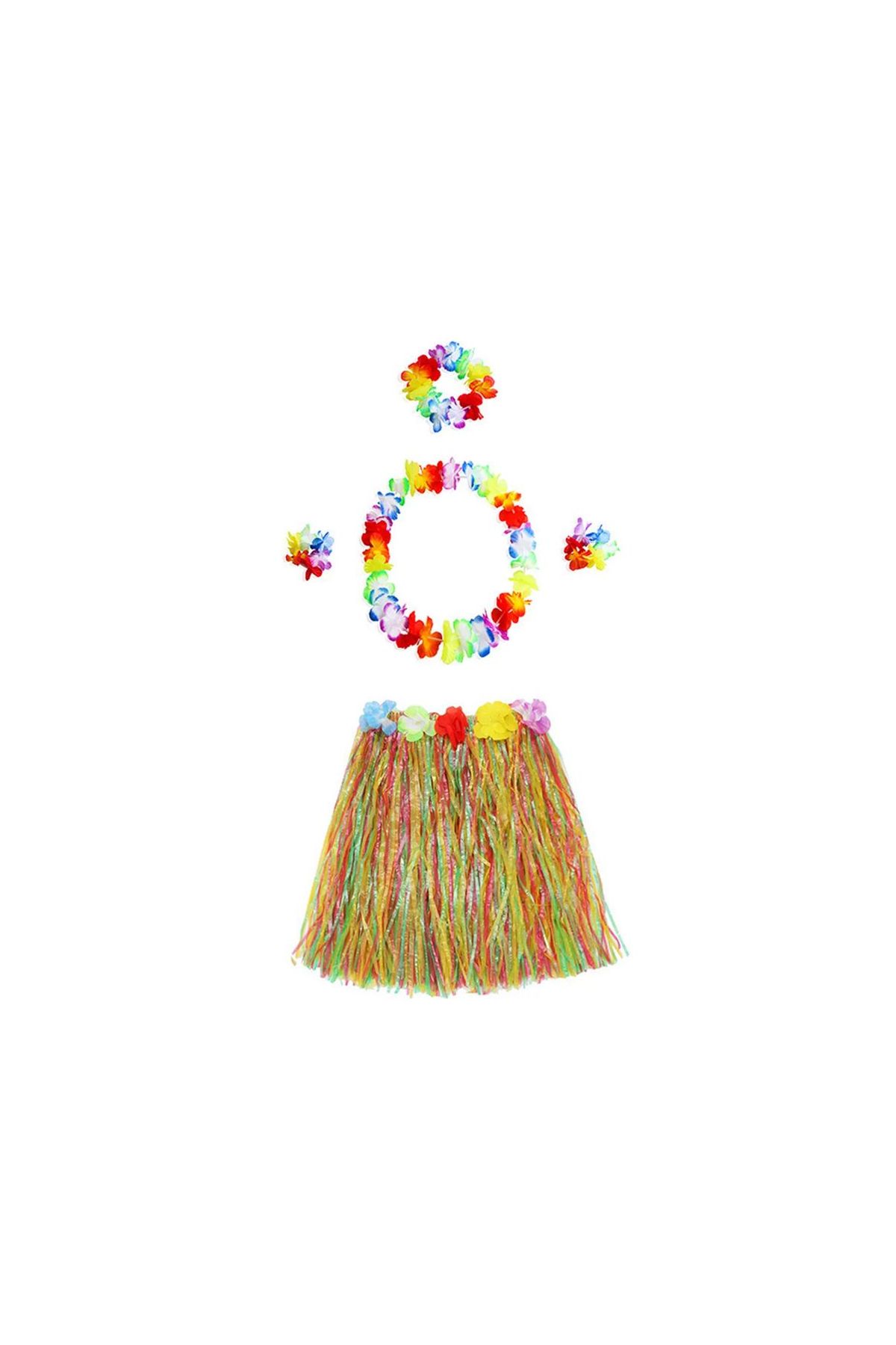 Yetişkin ve Çocuk Uyumlu Luau Aloha Hawaii  Kolye Renkli Etek Taç ve Bileklik Seti