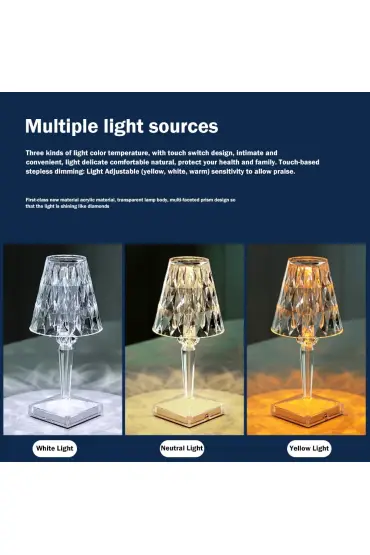 PS-101 Kristal Elmas Led Dokunmatik Ayarlanabilir Işık Şiddeti ve Parlaklık Şarjlı Masa Lambası