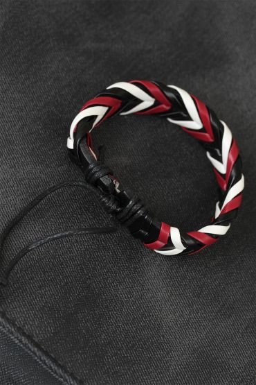 Bordo Beyaz Siyah Örgü Deri Erkek Bileklik - TJ-EB1846