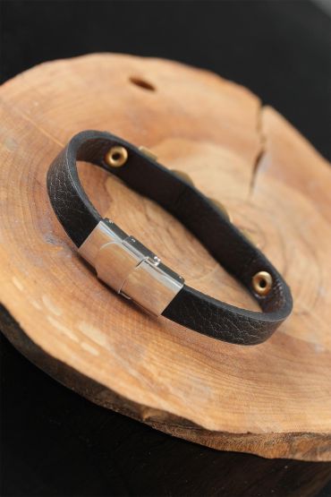 Gold Renk Sonsuzluklu Metal Aksesuarlı Siyah Deri Erkek Bileklik - TJ-EB2544-KS