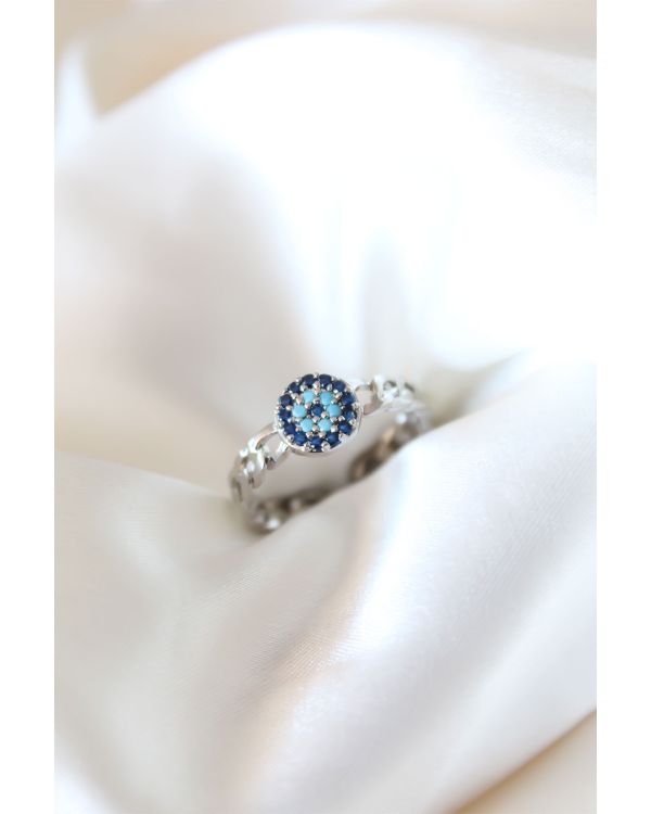 Zirkon Taşlı Nazarlı Gümüş Kaplama Kadın Yüzük - TJ-BYK2318