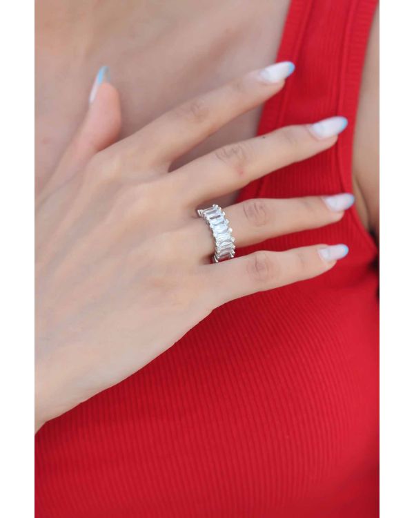 Zirkon Taşlı Gümüş Renk Baget Kadın Yüzük - TJ-BYK2341