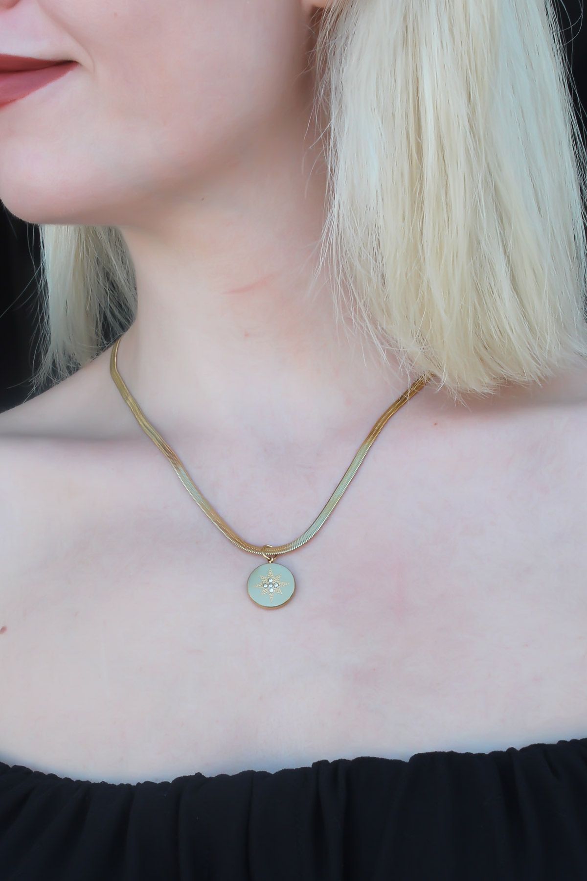 316L Kararmaz Çelik Gold Renk İtalyan Zincirli Kutup Yıldızı Plaka Kadın Kolye - TJ-BKO6736