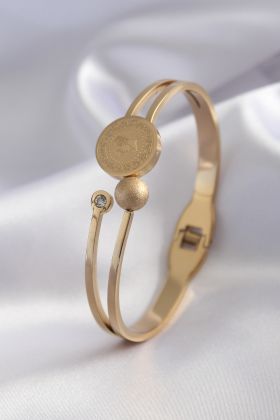 316L Çelik Gold Renk Çeyrek Altın Zirkon Taş Detay Kadın Kelepçe - TJ-BB5152