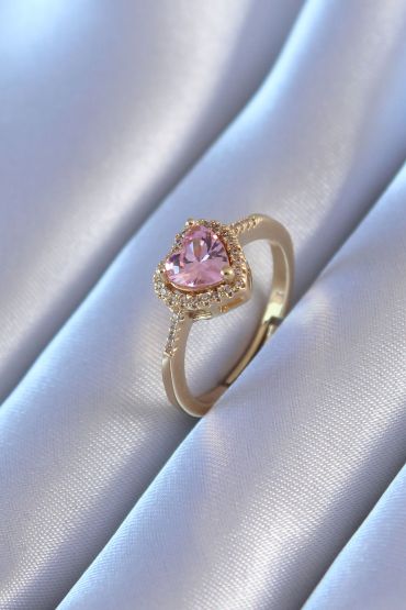 Gold Renk Zirkon Taşlı Kalp Model Pirinç Charm Kadın Yüzük - TJ-BYK2748