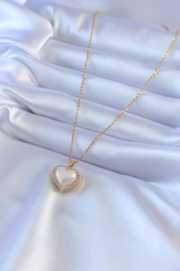 316L Çelik Gold Renk İncili Kalp Model Zirkon Taşlı Kadın Kolye - TJ-BKO7566