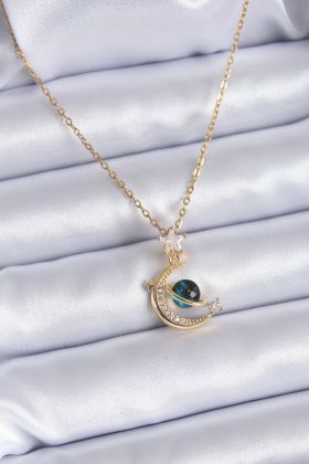 316L Çelik Gold Renk Zirkon Taşlı Hilal Model Kadın Kolye - TJ-BKO7690