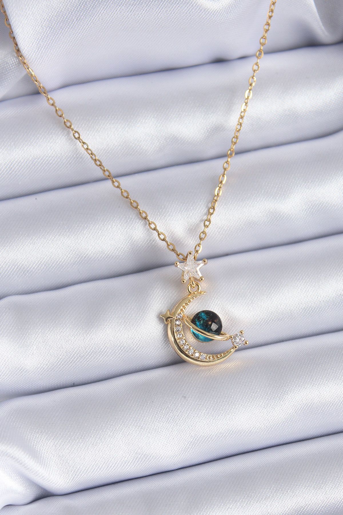 316L Çelik Gold Renk Zirkon Taşlı Hilal Model Kadın Kolye - TJ-BKO7690