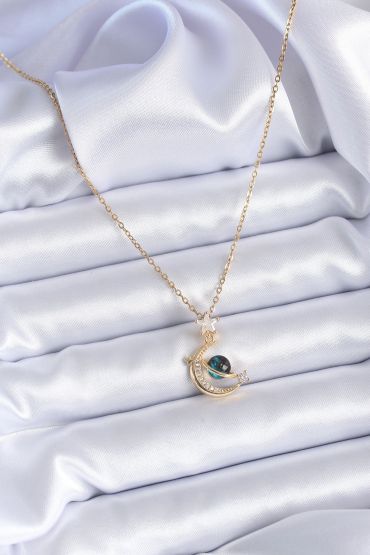 316L Çelik Gold Renk Zirkon Taşlı Hilal Model Kadın Kolye - TJ-BKO7690