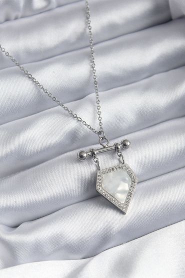 316L Çelik Gümüş Renk Zirkon Taş Detay Kadın Kolye - TJ-BKO7896