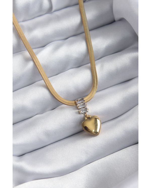 316L Çelik Gold Renk İtalyan Zincir Model Kalp Figür Nazar Boncuk Detay Kadın Kolye - TJ-BKO7925