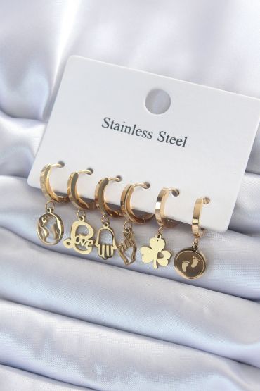 316L Çelik Gold Renk Çoklu Figür Model Kadın Küpe Seti - TJ-BKP8142