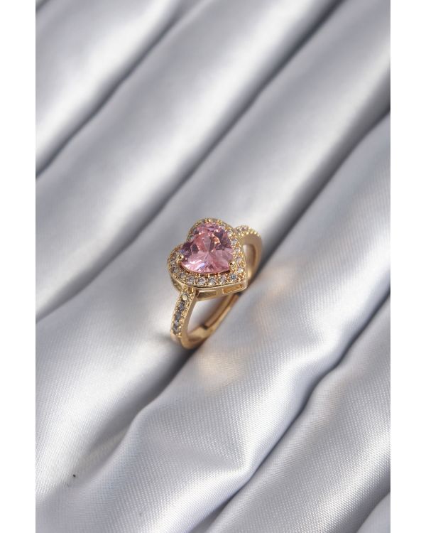 Pirinç Gold Renk Pembe Zirkon Taşlı Charm Kalp Model Kadın Yüzük - TJ-BYK2951