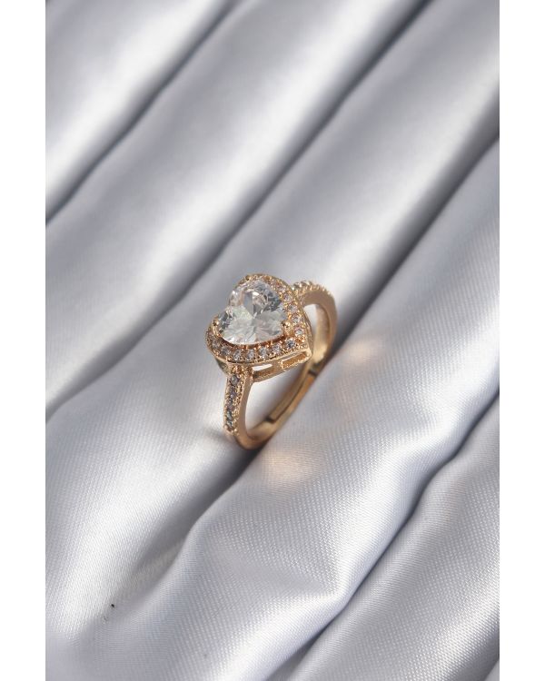 Pirinç Gold Renk Zirkon Taşlı Kalp Charm Model Kadın Yüzük - TJ-BYK2953