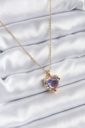 316L Çelik Zincir Gold Renk Mor Renk Zirkon Taşlı Kalp Model Kadın Kolye - TJ-BKO8210