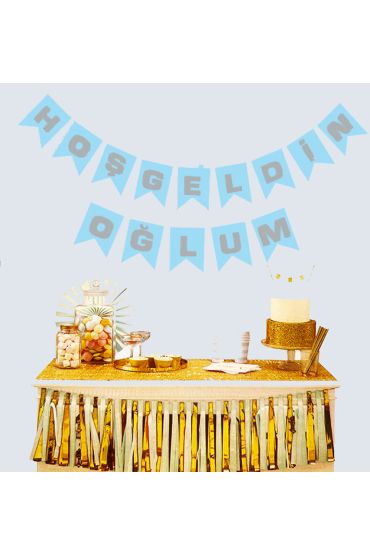 Hoşgeldin Oğlum Mavi Üzeri Gümüş Yeni Doğan Bebek Doğum Süsü Afiş Bayrak Flama 2.2 Metre