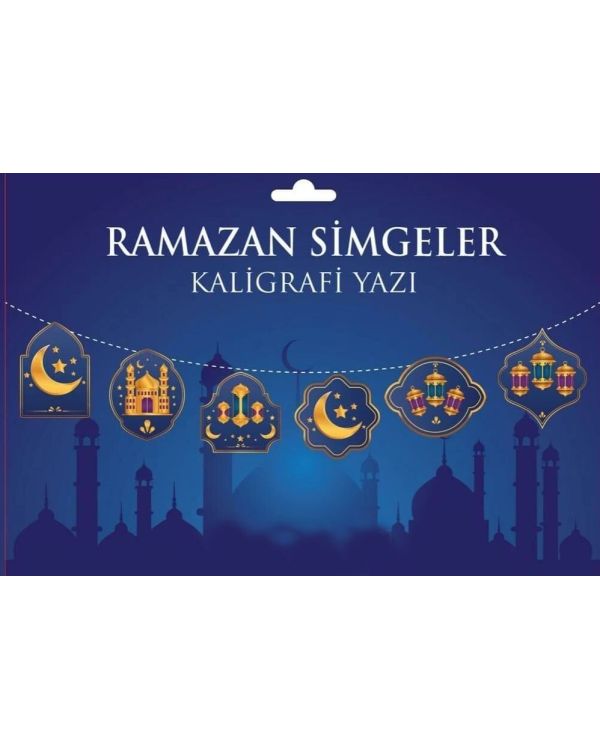 Mavi Üzeri Altın Renk Ramazan Koreografi Simgeler Banner Afiş 21x150 cm