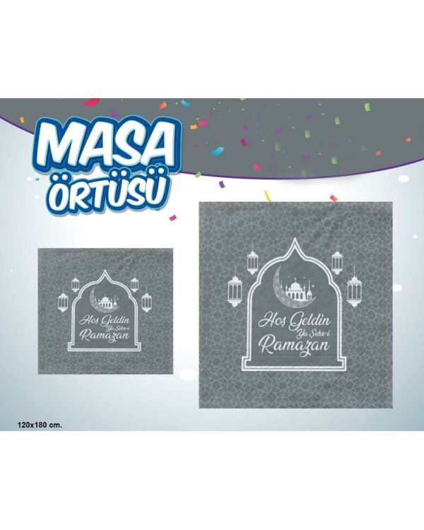 Hoşgeldin Ya Şehr-i Ramazan Yazılı Masa Örtüsü Gümüş 120x180 cm