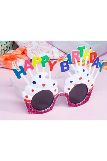 Happy Birthday Yazılı Beyaz Fuşya Renk Parti Gözlüğü 12x7 cm ( )