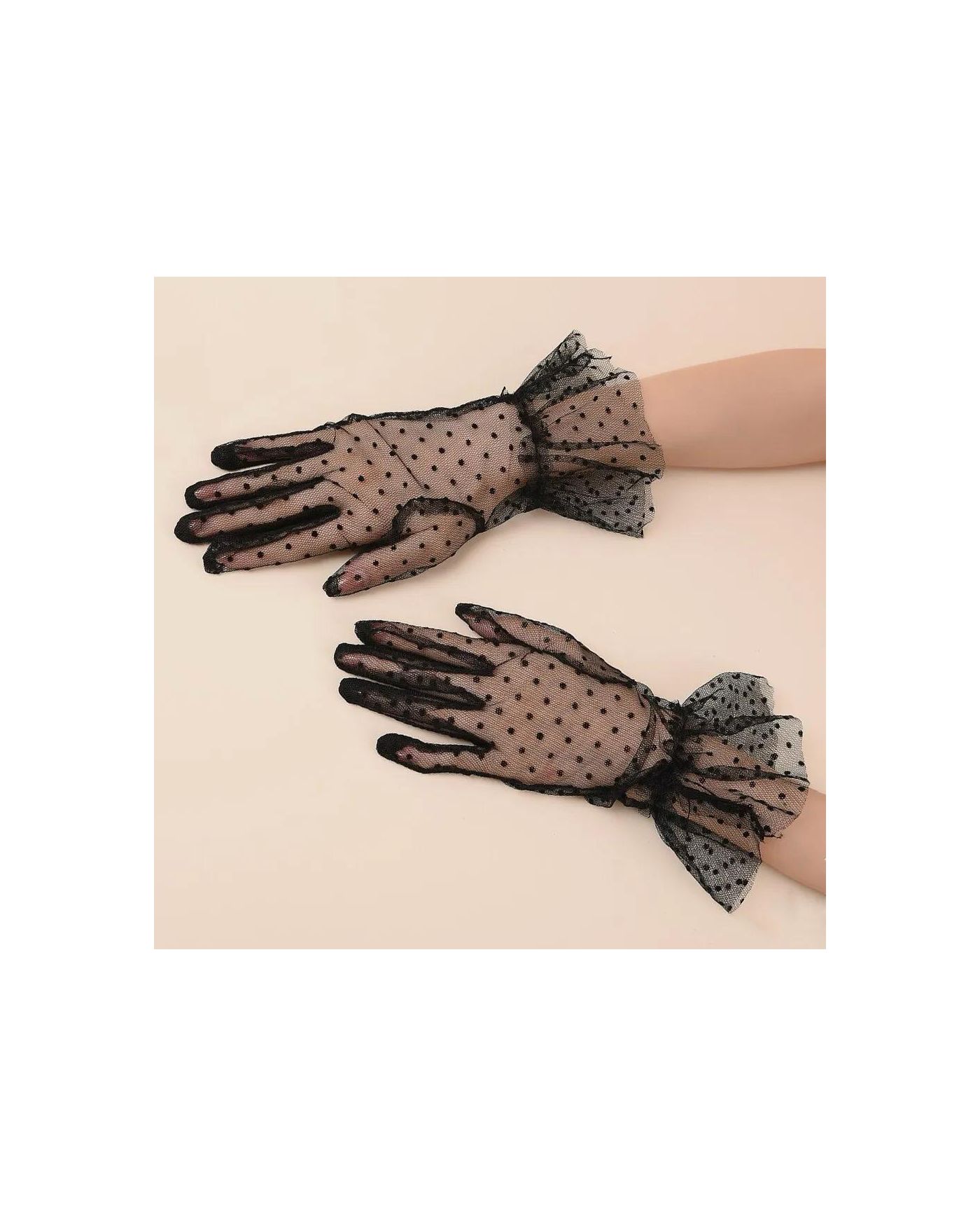 Kısa Boy Güpürlü Siyah Puantiyeli Tül Eldiven Siyah Renk