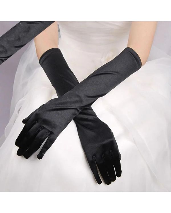 Uzun Boy Ekstra Parlak Saten Eldiven Siyah Renk