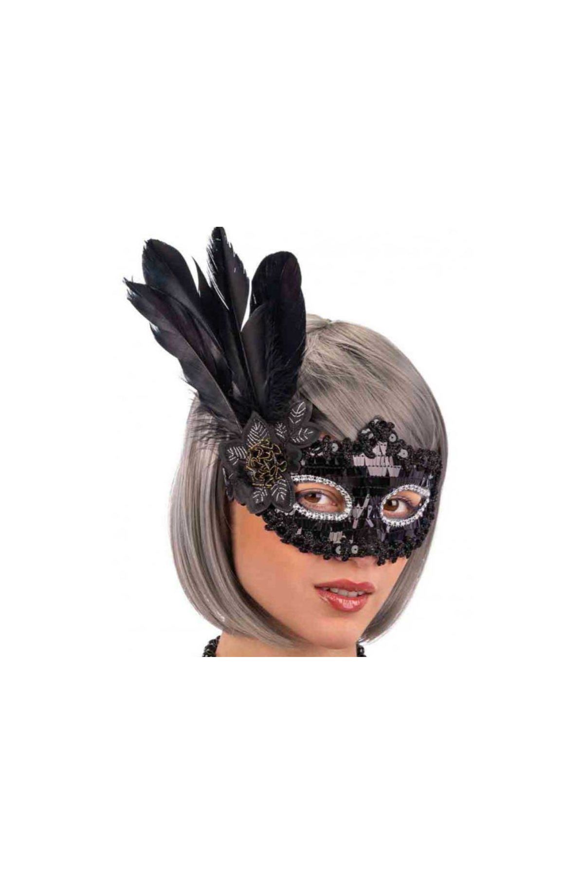 Siyah Payetli Pullu Siyah Renk Yandan Tüylü Parti Maskesi 18x22 Cm