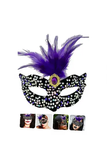 Siyah Kadife Üzeri Rengarenk Payetli Pullu Mor Tüylü Mor Taşlı Parti Maskesi 19x21 cm