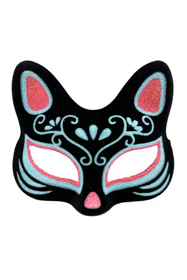 Siyah Renk Üzeri Mavi Kırmızı Simli Süet Kaplama Kedi Maskesi 17x14 cm