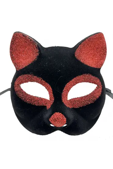Siyah Renk Kırmızı Simli Süet Kaplama Kedi Maskesi 18x14 cm ( )