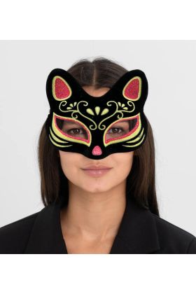 Siyah Renk Süet Kaplama Üzeri Kırmızı Sarı Simli Kedi Maskesi 17x14 cm