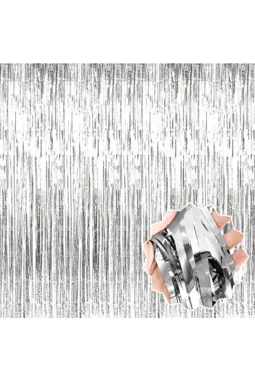 Gümüş Renk Ekstra Metalize Parlak Saçaklı Arka Fon Perde İthal A Kalite 1x2 Metre
