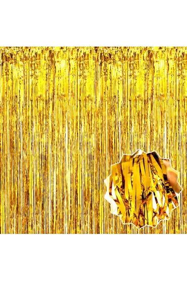 Altın Gold Renk Ekstra Metalize Parlak Saçaklı Arka Fon Perde İthal A Kalite 1x2 Metre