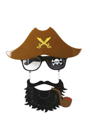 Kahve Renk Şapkalı Siyah Sakallı Pipolu Jack Sparrow Denizci Korsan Gözlüğü 24x25 cm