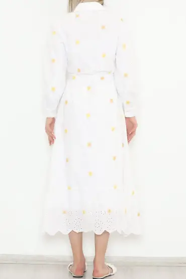 Kemerli Brode Elbise Beyazsarı - 5901.1322.