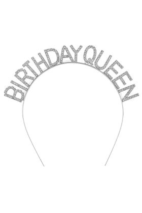 Gümüş Renk Kristal Taşlı Parlak Birthday Queen Yazılı Kraliçe Taç 16x17 cm ( )
