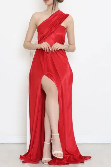  275 Uzun Saten Elbise Kırmızı