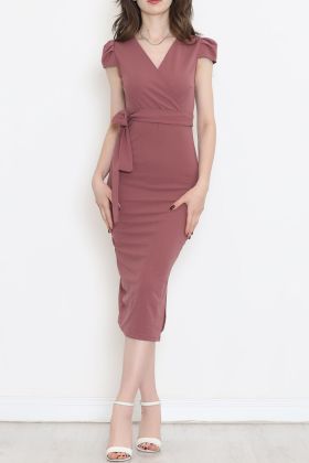  275 Kuşaklı Crep Elbise Gülkurusu