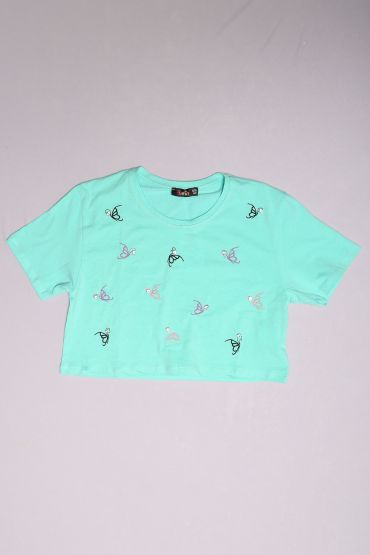  275 10-16 Yaş Taşlı Çocuk Tişört Mint