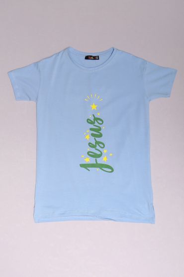  275 10-16 Yaş Baskılı Çocuk Tişört Mavi