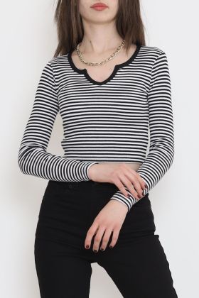  275 Çizgili Crop Bluz Siyah