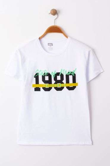  275 13-16 Yaş Baskılı Çocuk Tişört Beyaz