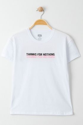  275 13-16 Yaş Baskılı Çocuk Tişört Beyaz