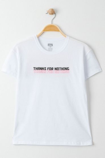  275 13-16 Yaş Baskılı Çocuk Tişört Beyaz