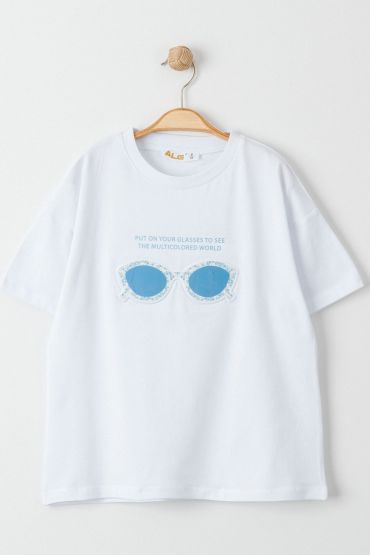  275 8-12 Yaş Baskılı Çocuk Tişört Beyaz