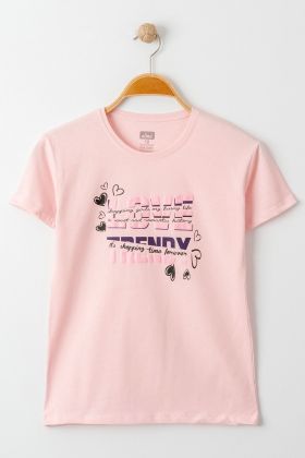  275 8-12 Yaş Baskılı Çocuk Tişört Pembe