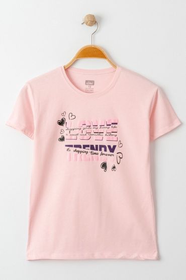  275 8-12 Yaş Baskılı Çocuk Tişört Pembe