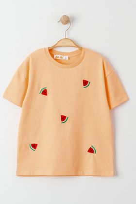  275 3-7 Yaş Nakışlı Çocuk Tişört Turuncu