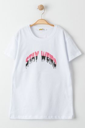  275 8-12 Yaş Baskılı Çocuk Tişört Beyaz