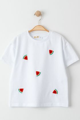  275 3-7 Yaş Nakışlı Çocuk Tişört Beyaz